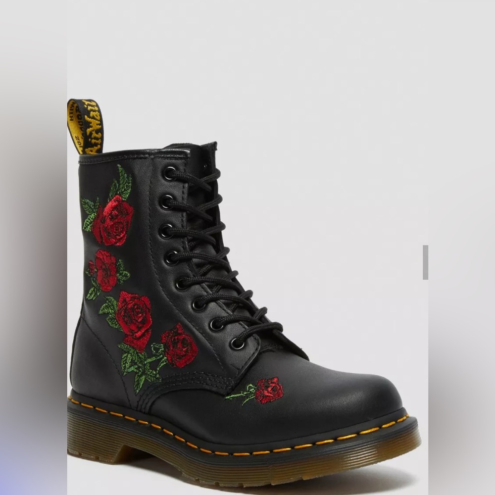 -Rose Embroidery black leather Dr. Martens Boots